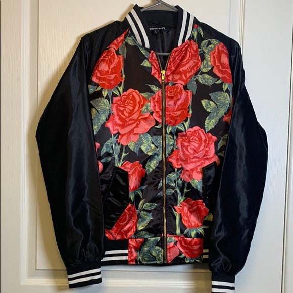CHRDLR Black Jacket Roses Floral Stripe Trim Satin Bomber Jacket Size Large EUC - Picture 1 of 7